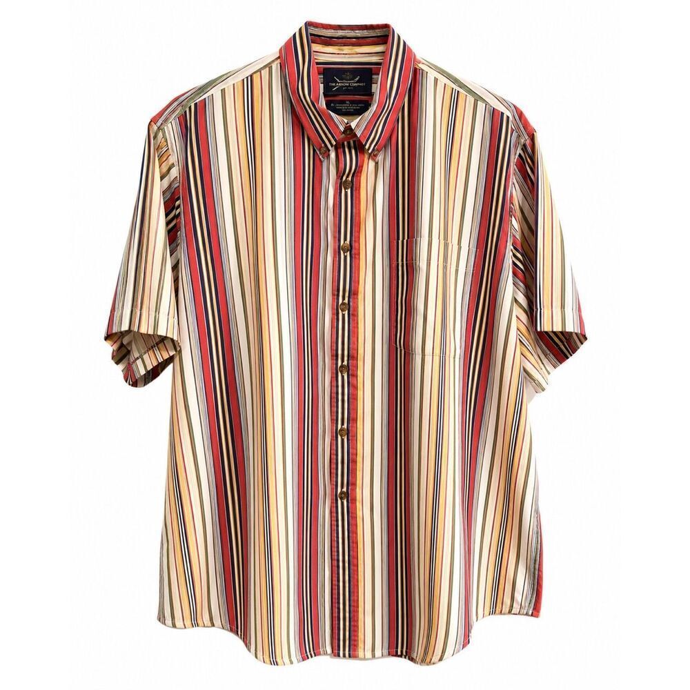 The Arrow Company XL Striped Button Down Shirt Red Blue Tan Short Sleeve Poly Co
